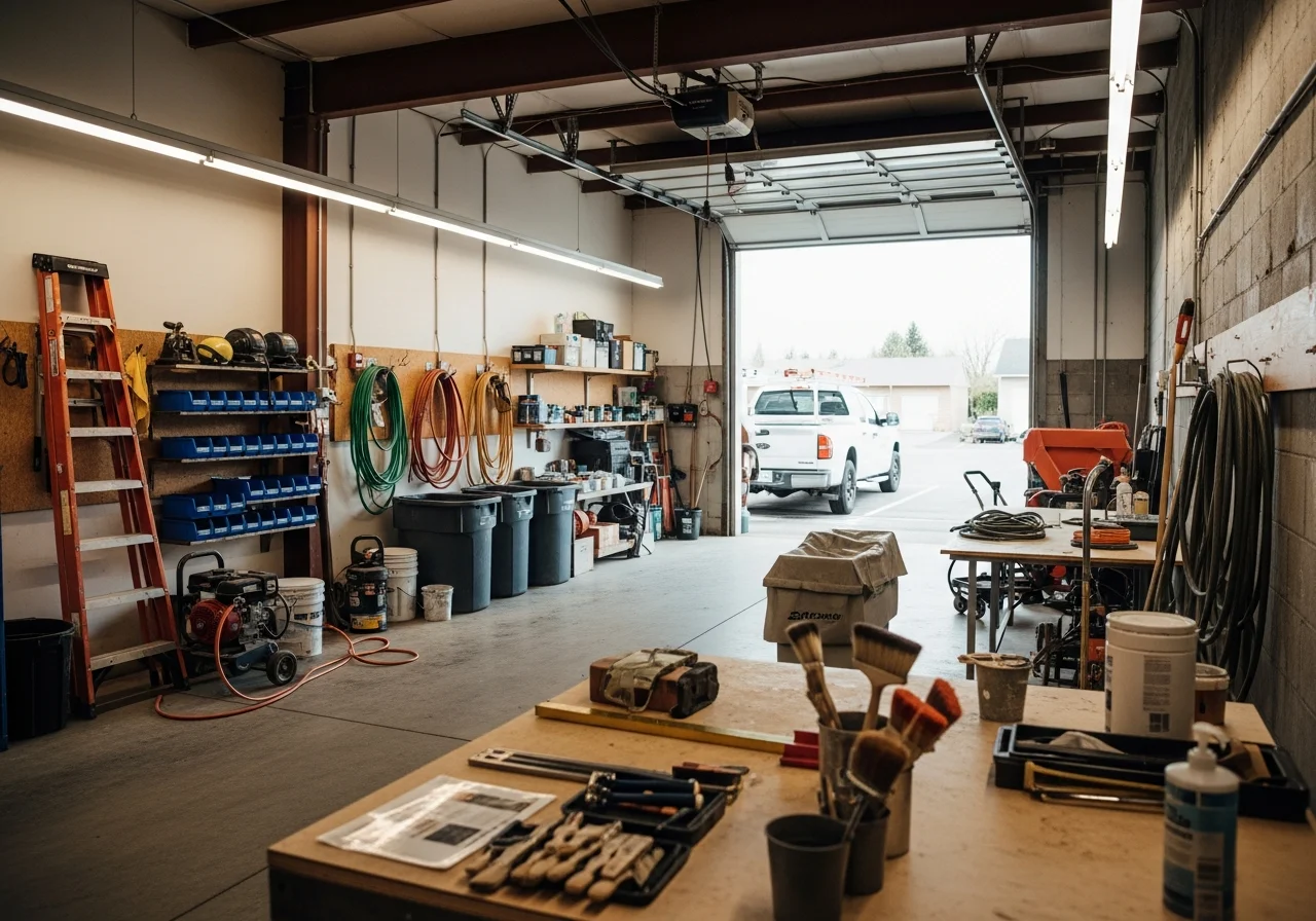 Professional crew and tools ready for property maintenance work. Shop floor with equipment and supplies organized for efficient service delivery.