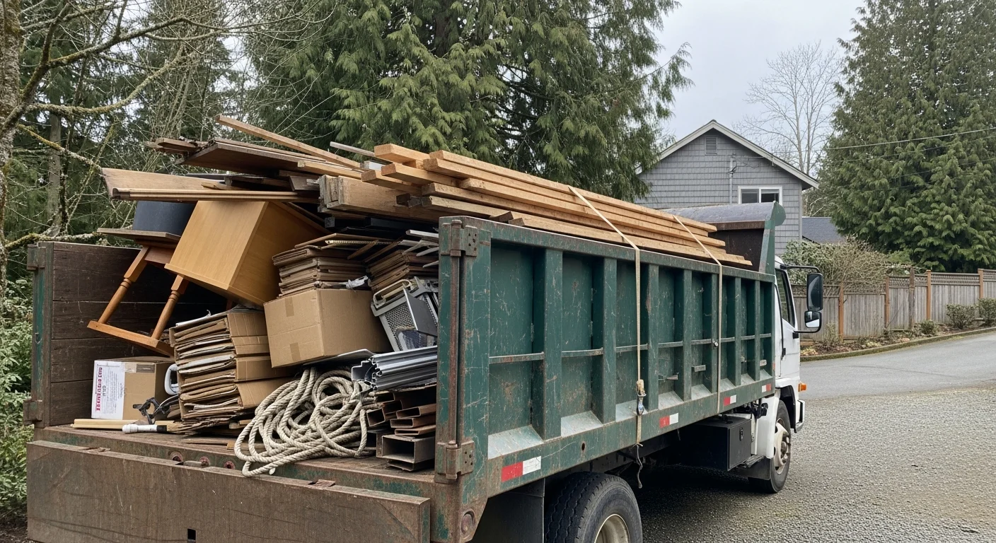 Junk removal team loading debris into truck