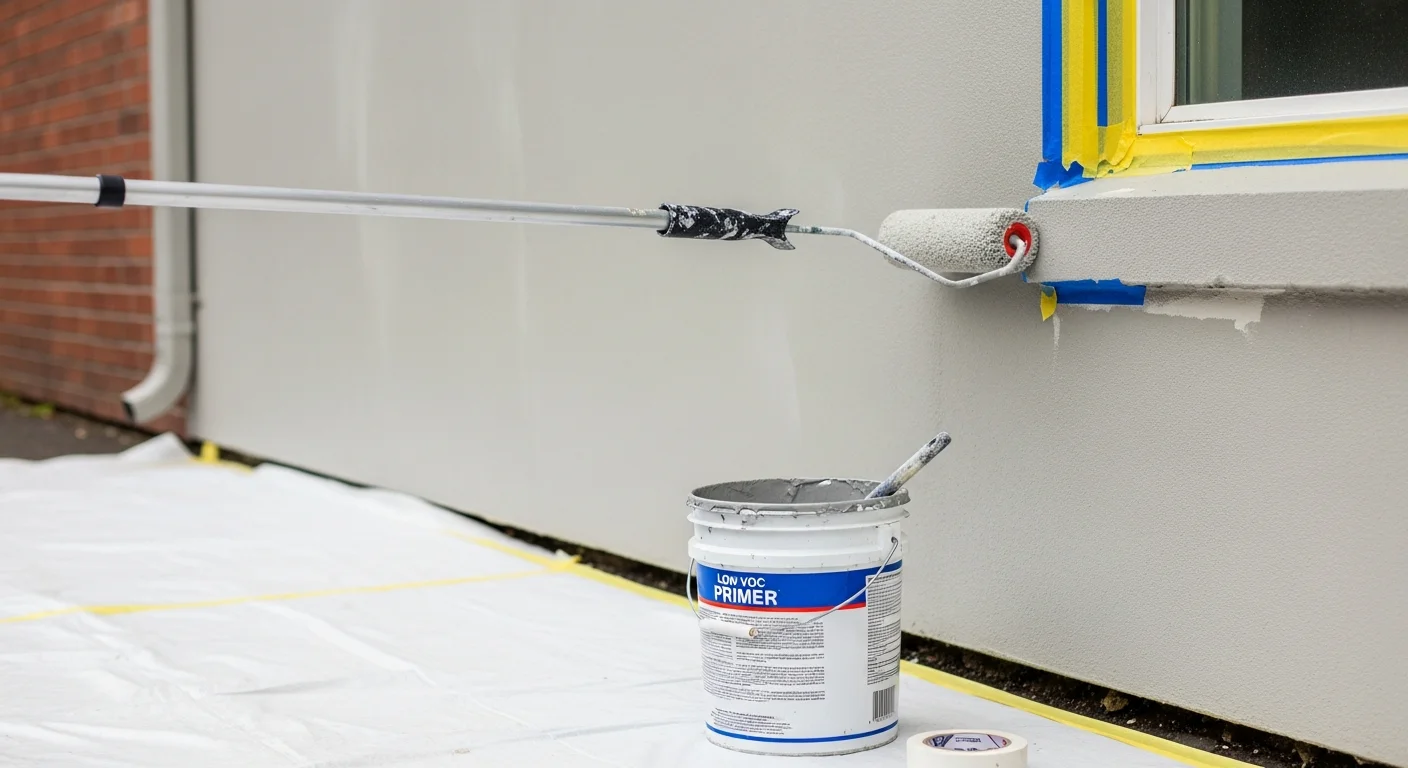A commercial building exterior in Tukwila, Washington freshly painted with a clean, uniform finish on the facade and trim. A Schwab Property Services crew member applies a final coat to a large wall panel near a commercial corridor.