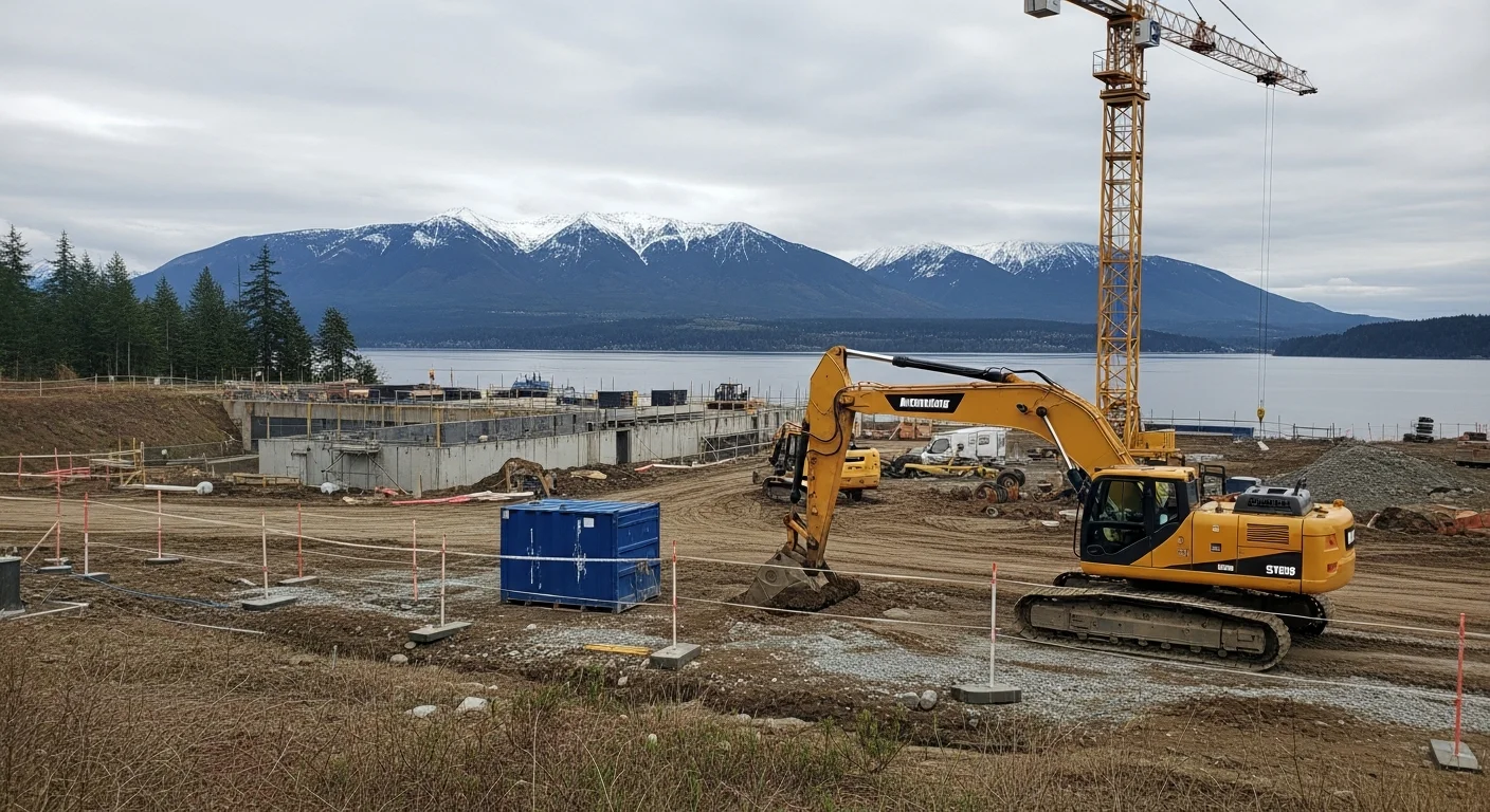 A construction crew of laborers in hard hats and safety vests working on an active job site in Tukwila, Washington. Workers are handling materials and performing site prep tasks on a commercial construction project.