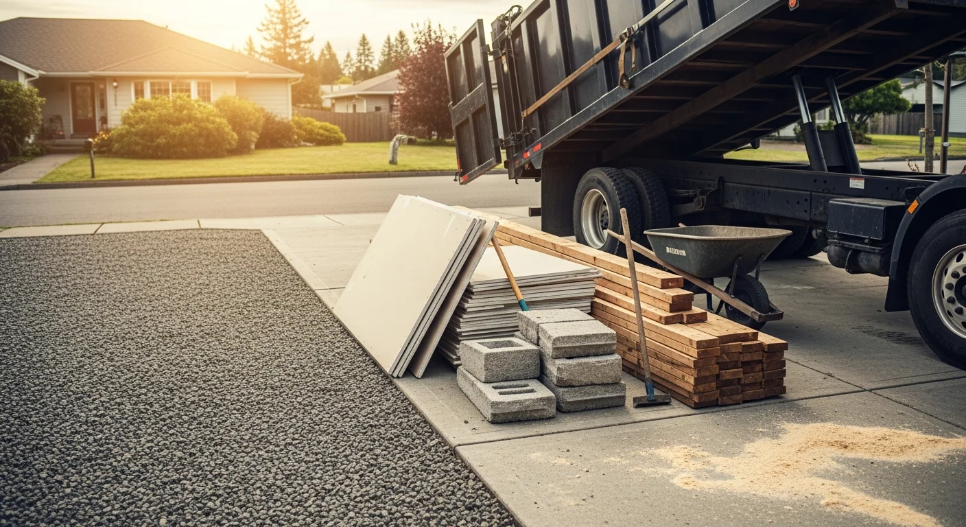A cleared Tukwila residential job site with a loaded hauling truck parked in the driveway after construction debris removal. Stacked drywall scraps, lumber pieces, and roofing material are visible in the truck bed ready for transport.