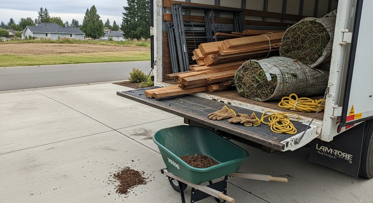 A cleared residential yard in Tukwila, Washington after debris removal, with hauled-away yard waste and construction material no longer present. A Schwab Property Services truck is visible in the driveway of a single-family home.