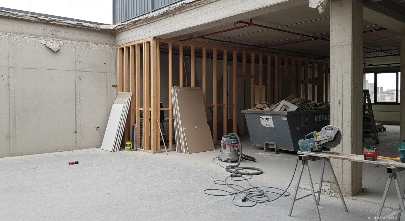 A demolition labor crew manually removing interior framing and drywall inside a commercial building in Tukwila, Washington. Debris is staged in organized piles near the work area as the site is cleared for the next phase of construction.