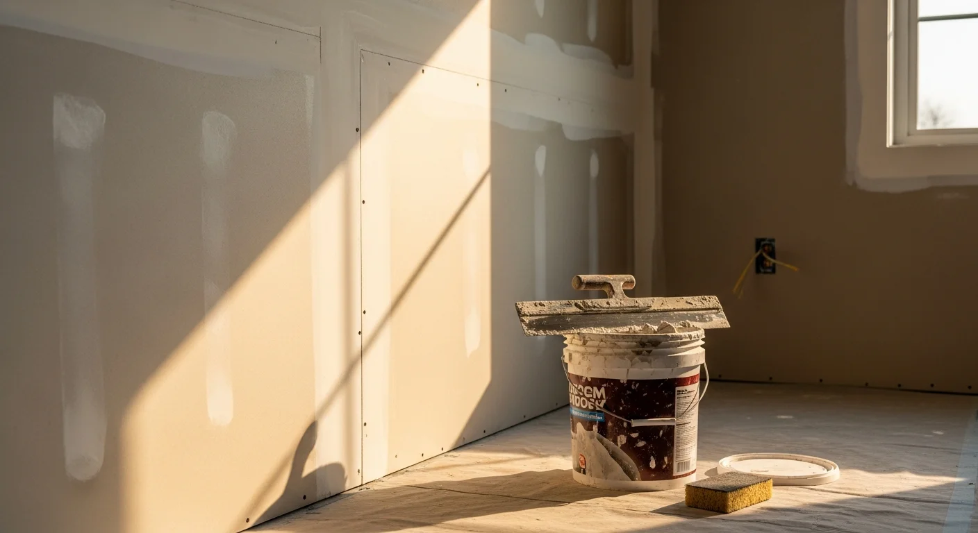 A freshly finished interior wall in a Tukwila home showing smooth, seam-free drywall ready for paint. A painter's light rakes across the surface, revealing an even, flat finish with no visible joints or fastener marks.