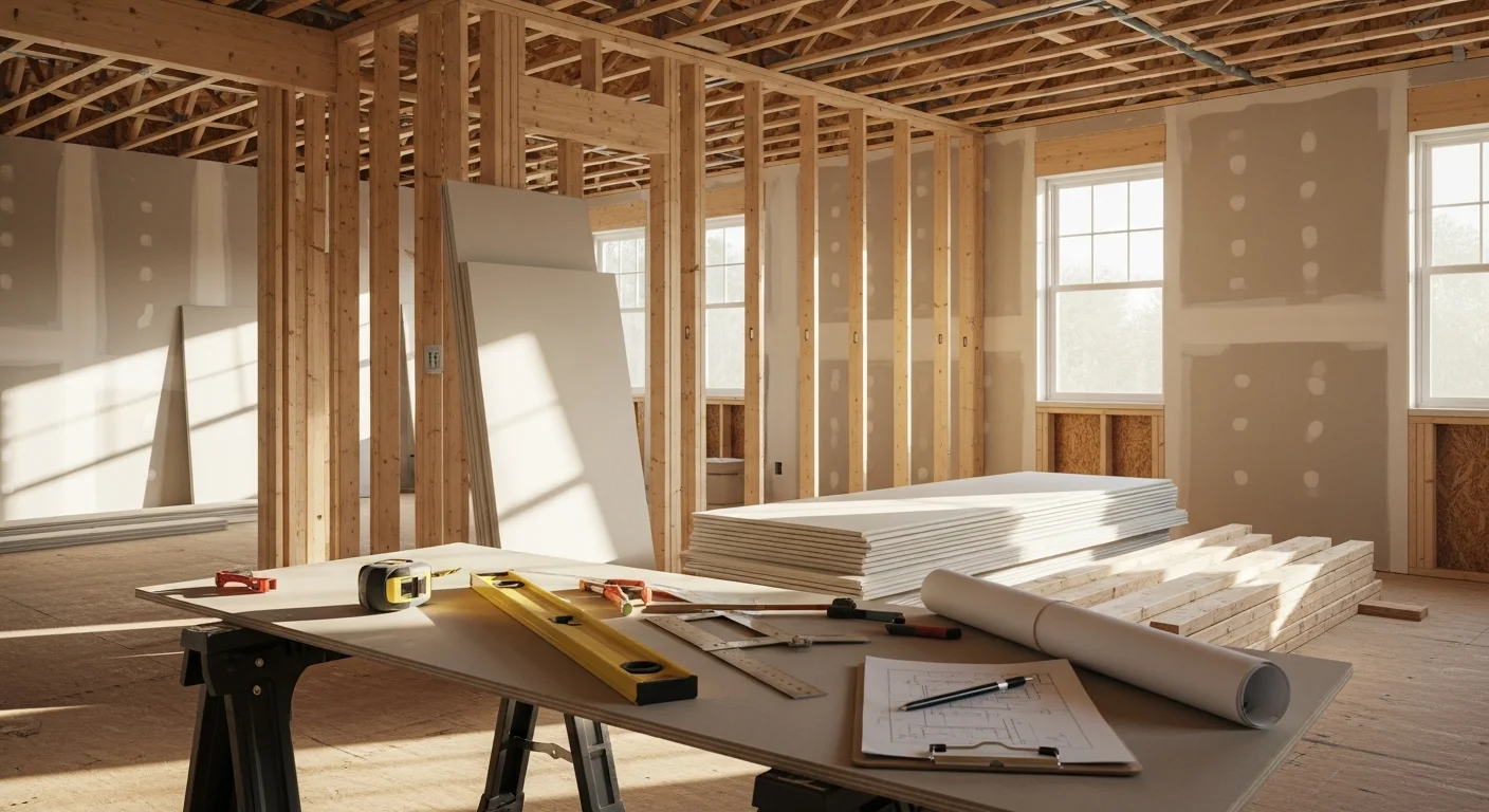 A general contractor reviewing construction plans on a residential property job site in Tukwila, Washington. Framed interior walls and building materials are visible in the background.
