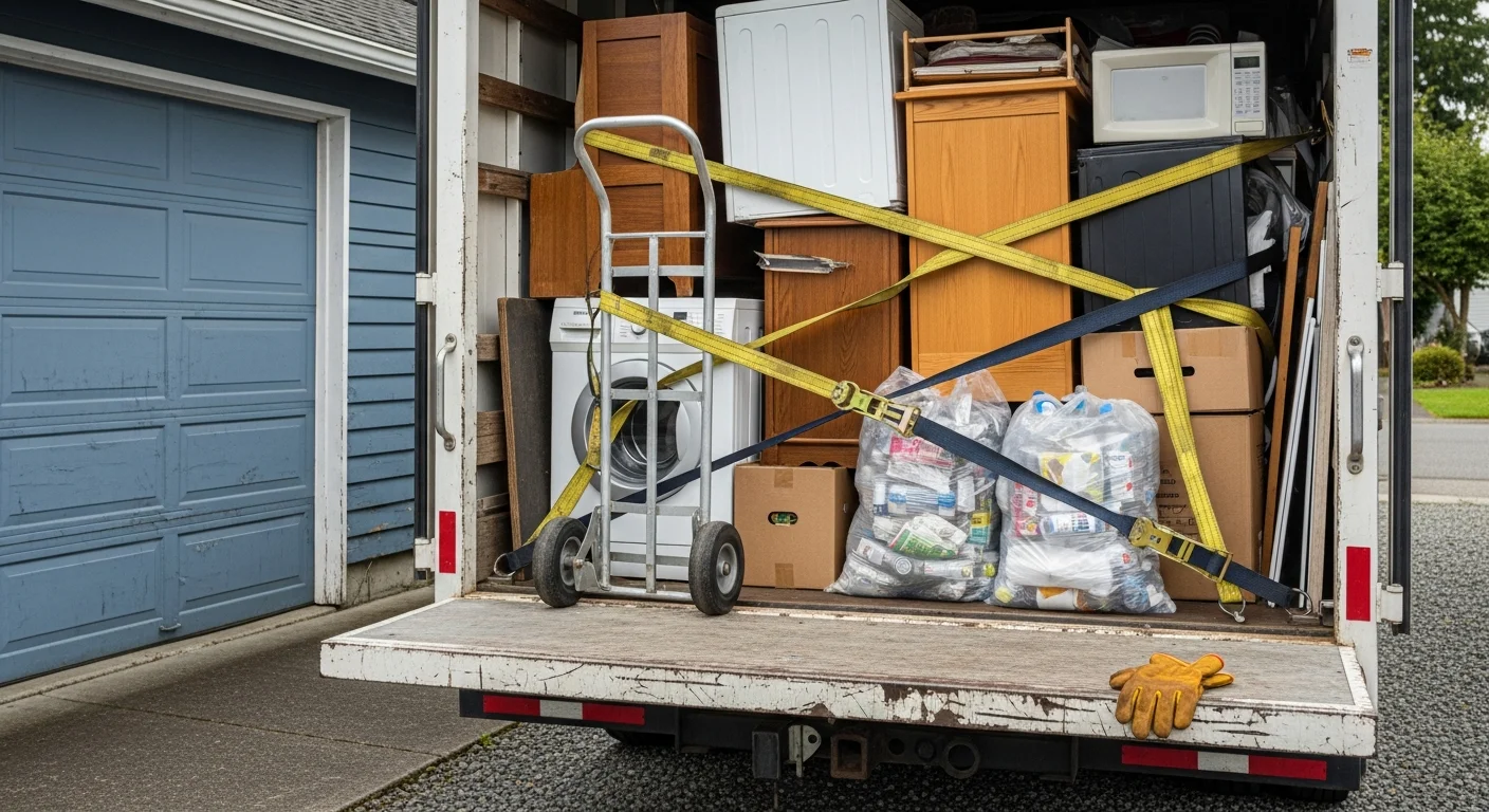 A cleared residential garage in Tukwila, Washington after a full junk hauling cleanout, with empty floor space where furniture and debris once sat. A hauling truck is visible in the driveway with a loaded bed ready for disposal.