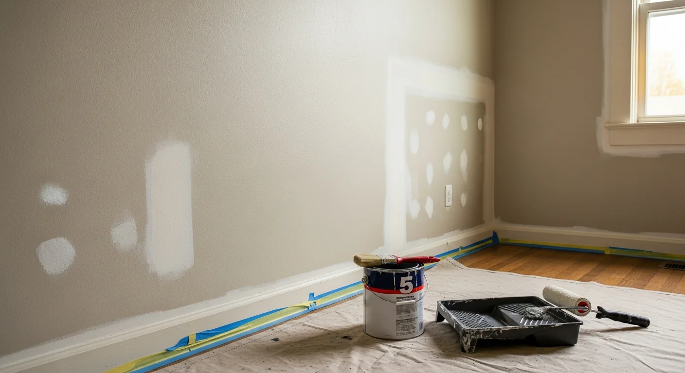 Freshly painted interior living room walls in a Tukwila, WA single-family home, showing clean trim lines and an even finish coat. The room reflects a typical mid-century home layout common across Tukwila's residential neighborhoods.