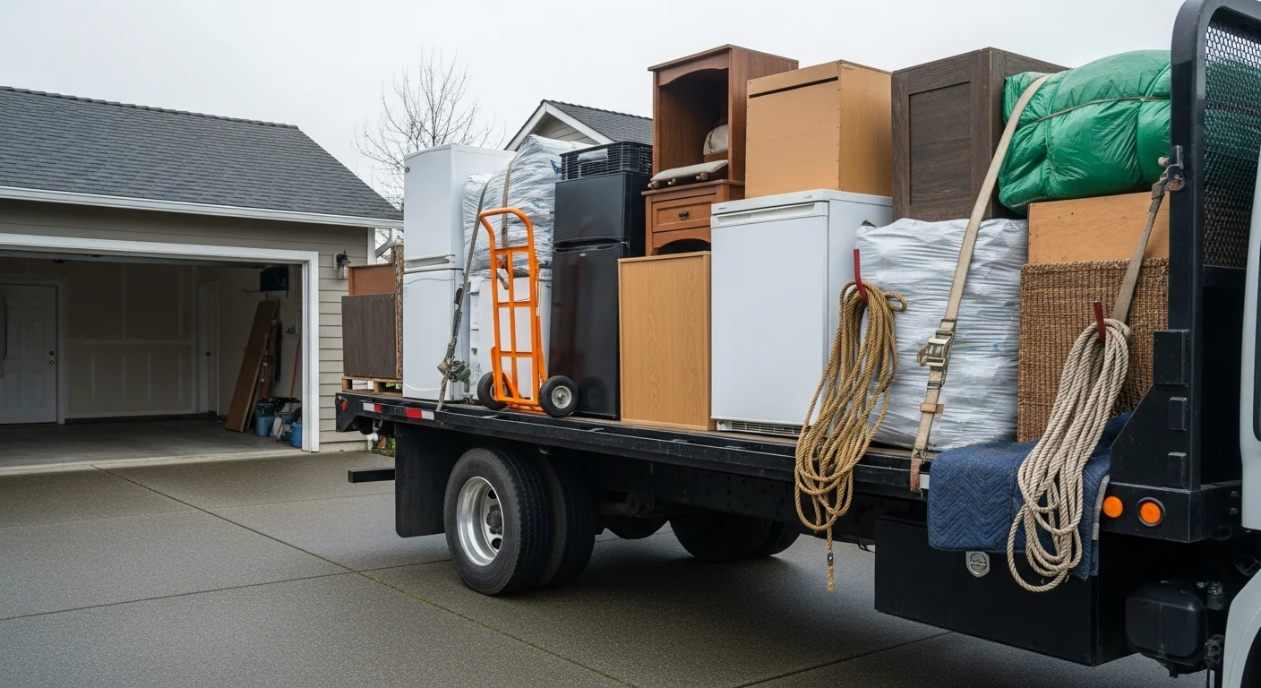 A cleared residential garage in Tukwila, Washington with swept concrete floors after a full junk removal and hauling service. A Schwab Property Services truck is visible in the driveway with a loaded bed of furniture and household debris.