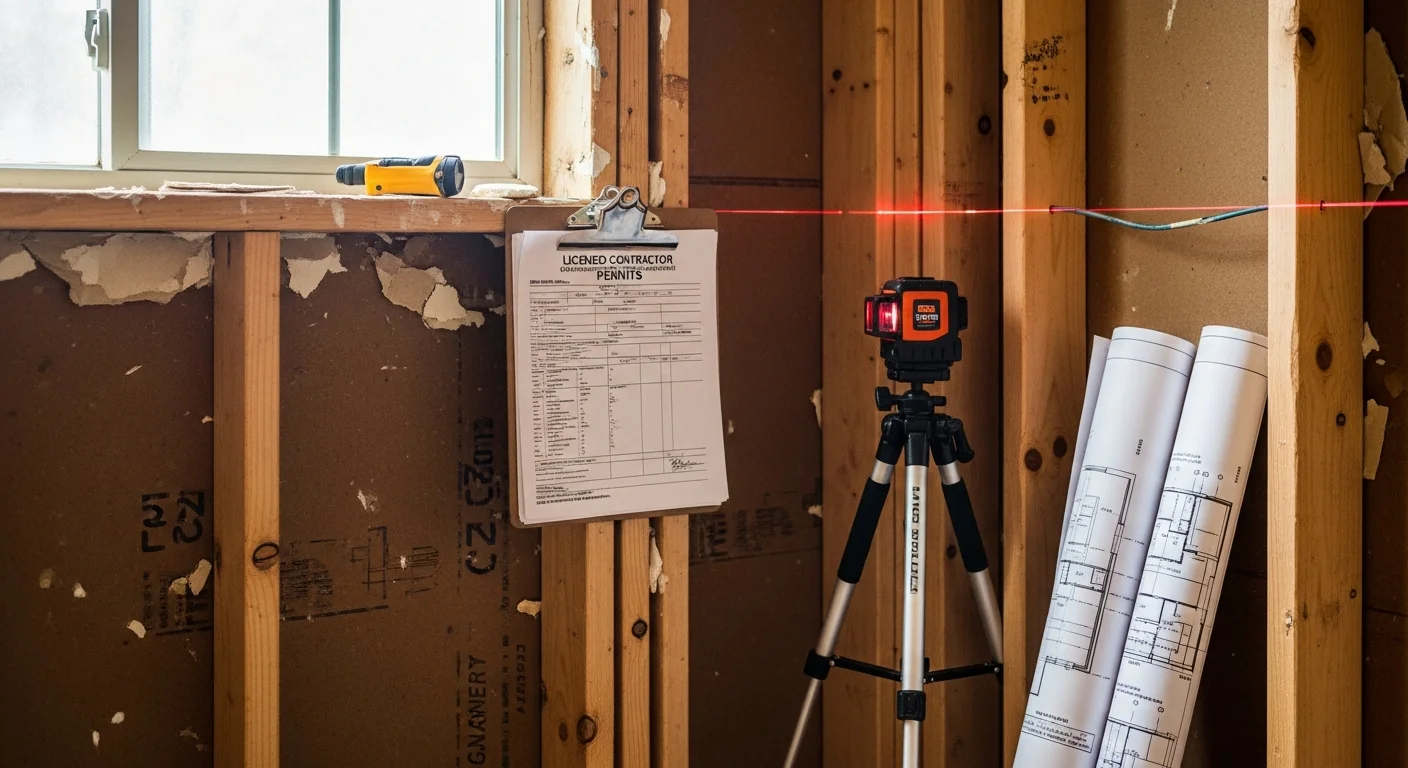 A general contractor reviewing construction plans with a property owner at a residential job site in Tukwila, Washington. Framed walls and organized materials are visible in the background, showing an active project under structured management.