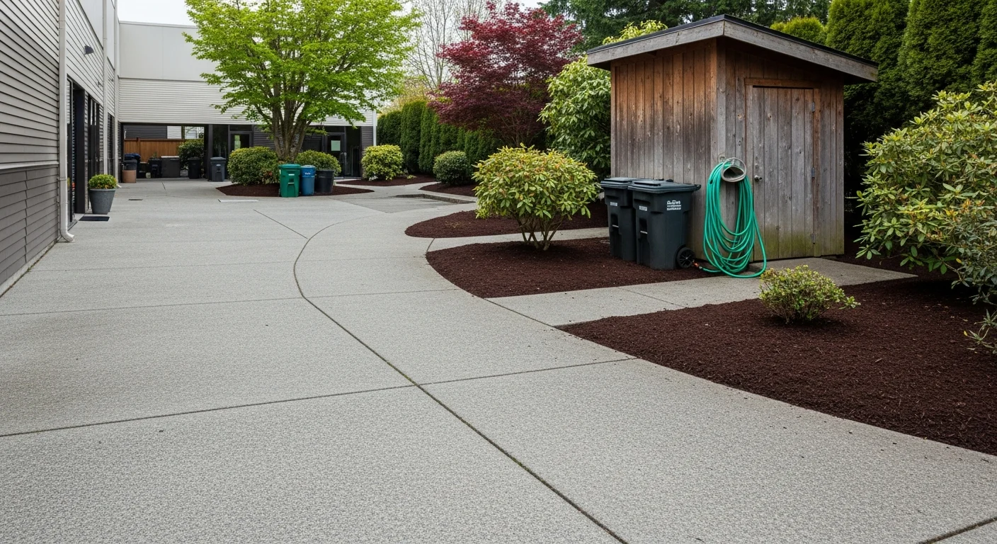 A property maintenance worker performing grounds upkeep at a residential building in Tukwila, Washington. The exterior common area is clean and well-maintained, with tidy landscaping visible along the building perimeter.