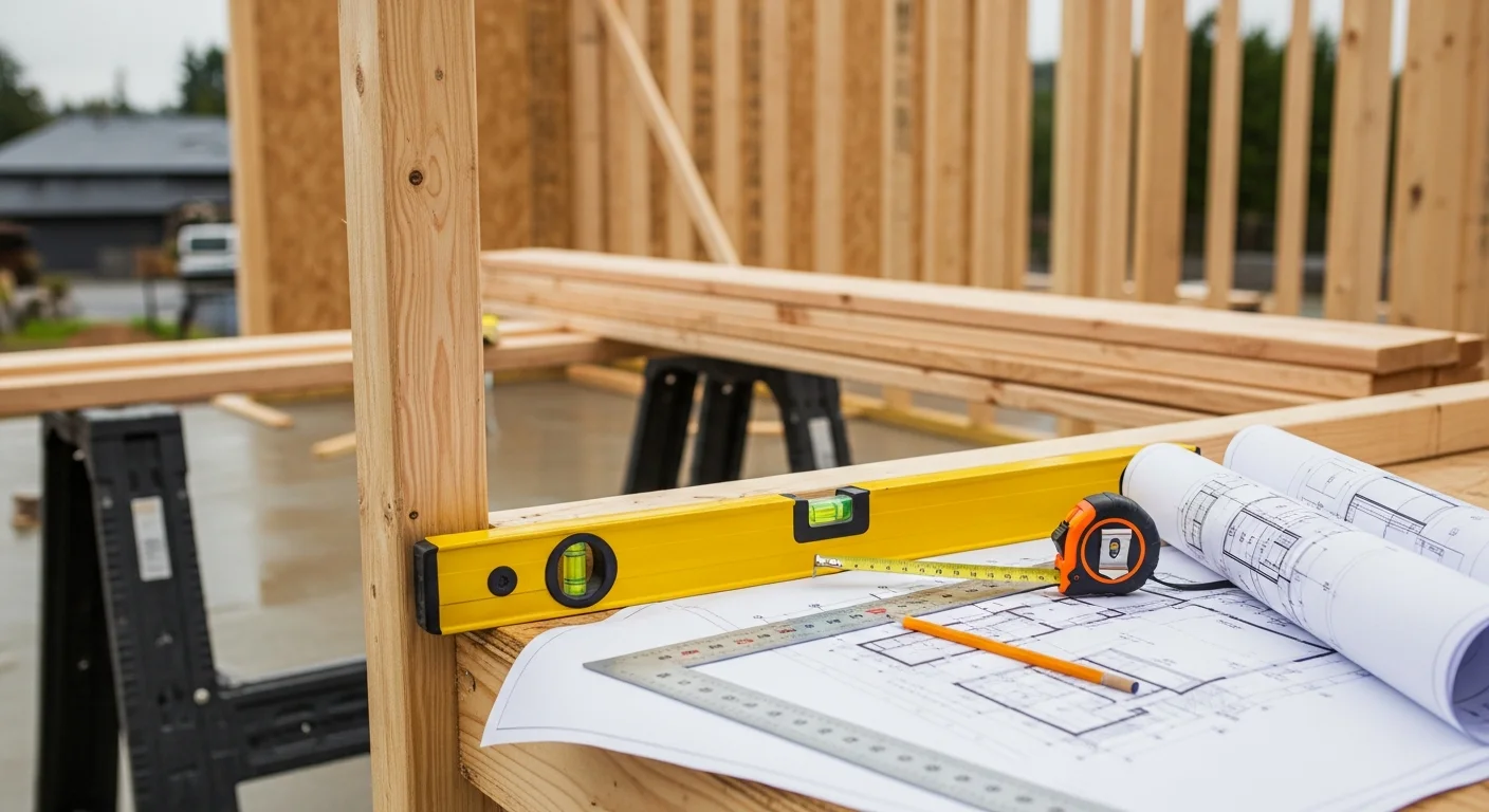 A single-family home in Tukwila, WA mid-construction showing new framing and exterior sheathing on a residential lot. A general contractor reviews plans on site during the residential construction build.