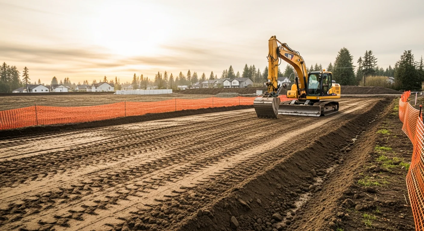 A cleared and graded residential lot in Tukwila, Washington, with compacted soil and erosion control measures in place along the site perimeter. Heavy equipment is visible in the background, and the prepared ground is level and ready for foundation work.