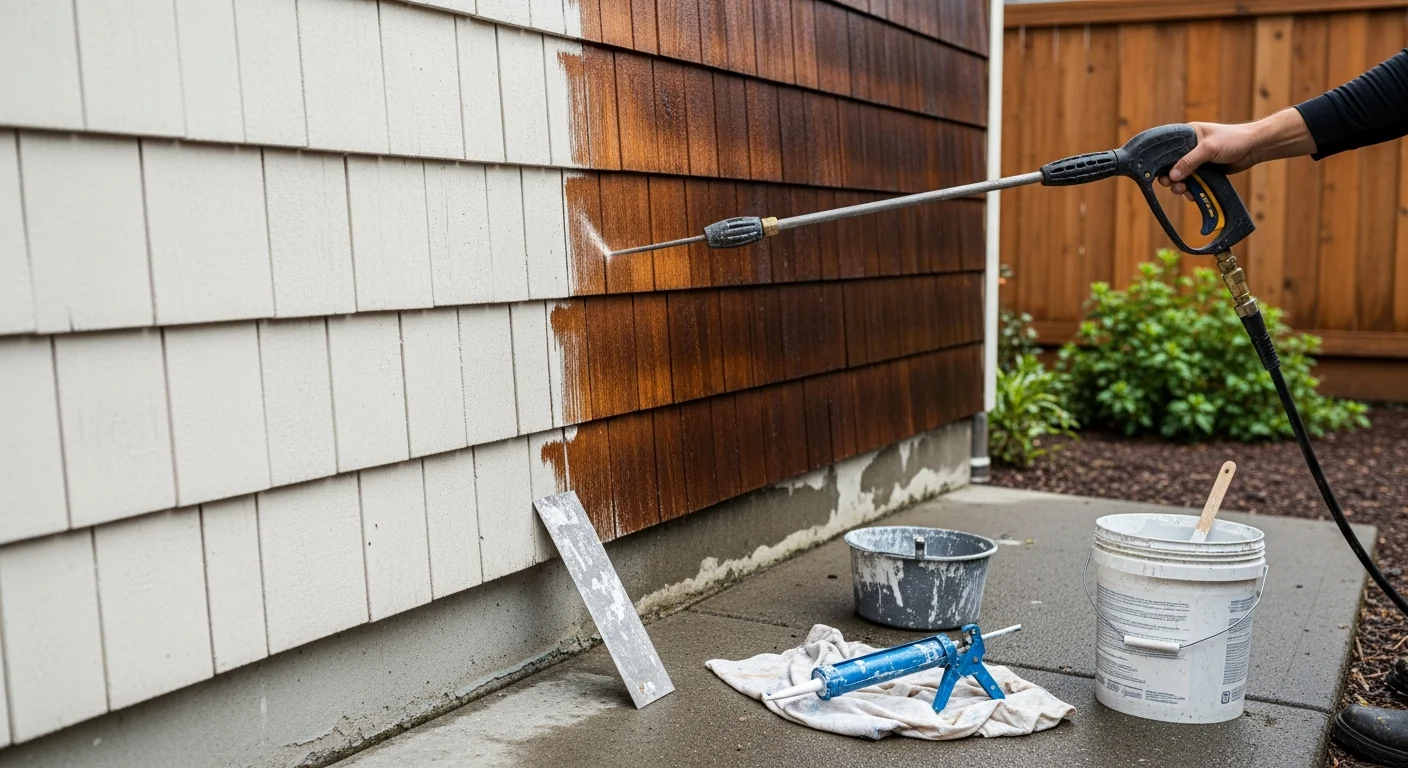 A painter scraping and sanding weathered wood siding on a mid-century home in Tukwila, Washington, preparing the surface before primer is applied. Bare wood sections and filled cracks are visible along the exterior wall, showing the prep work completed before painting begins.
