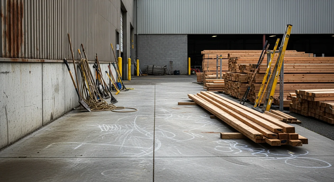 A temporary laborer in work gear moving materials on a commercial property site in Tukwila, Washington. The background shows a light industrial facility typical of the Southcenter and Kent Valley business corridor.
